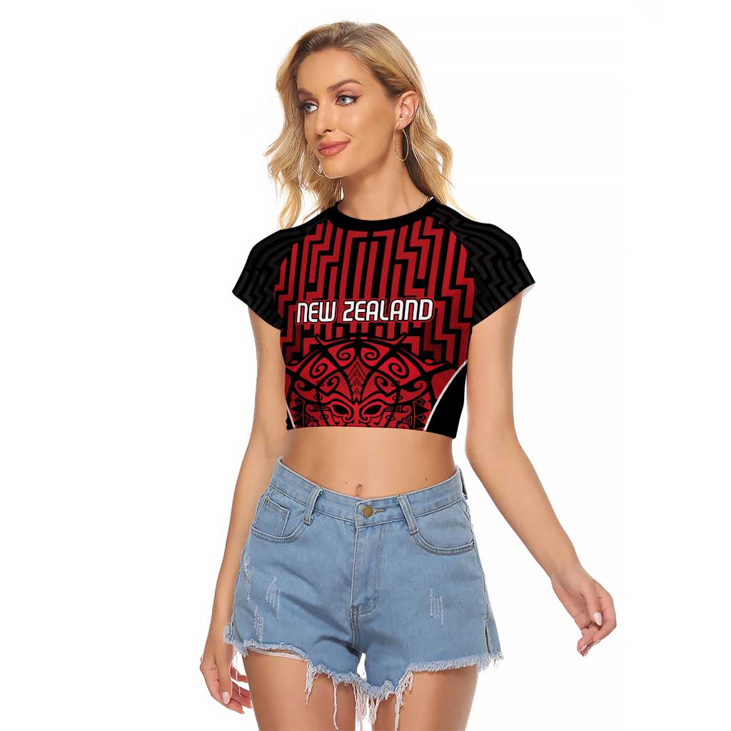 Custom Basketball New Zealand Raglan Cropped T Shirt Red Maori Ta Moko Indigenous - Aussie Hoodie