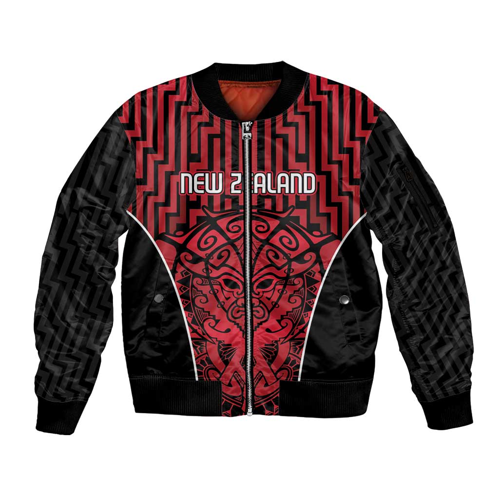 Custom Basketball New Zealand Sleeve Zip Bomber Jacket Red Maori Ta Moko Indigenous - Aussie Hoodie