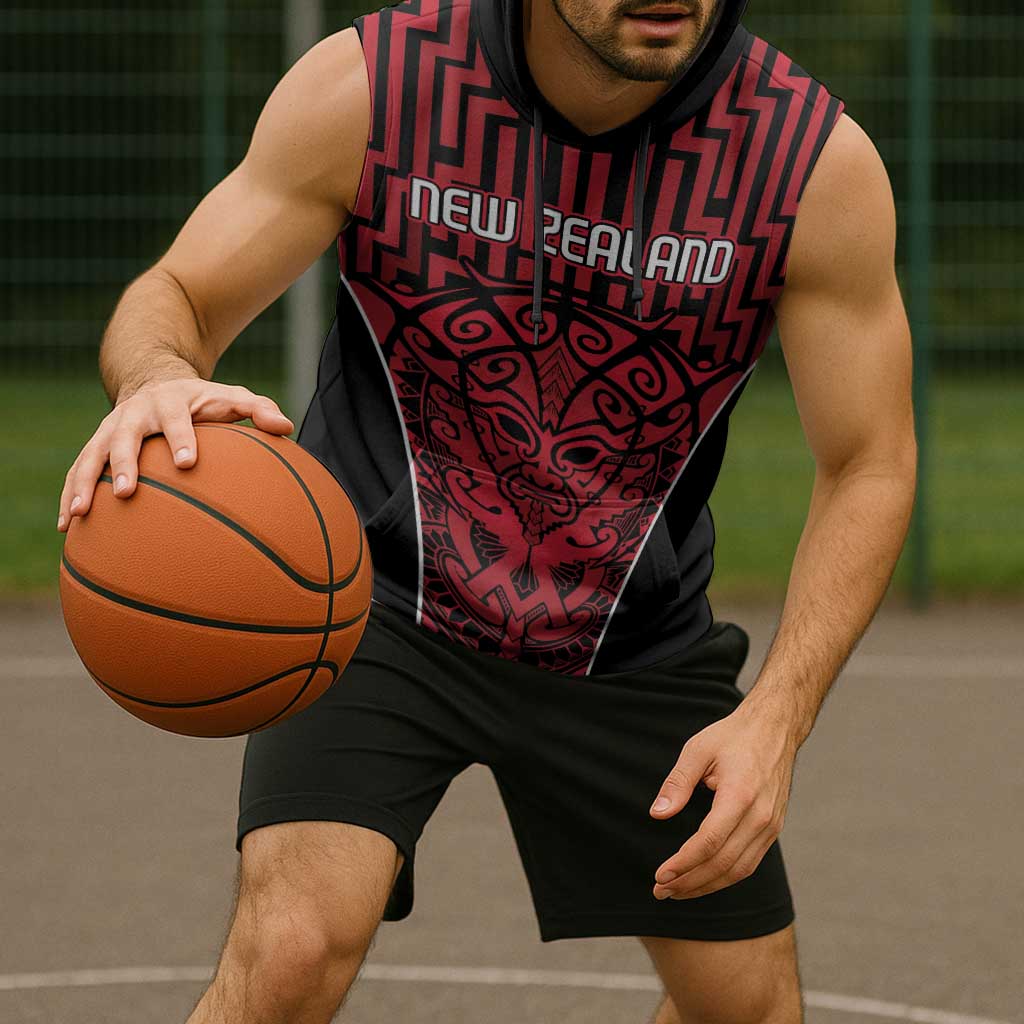 Custom Basketball New Zealand Sleeveless Hoodie Red Maori Ta Moko Indigenous - Aussie Hoodie