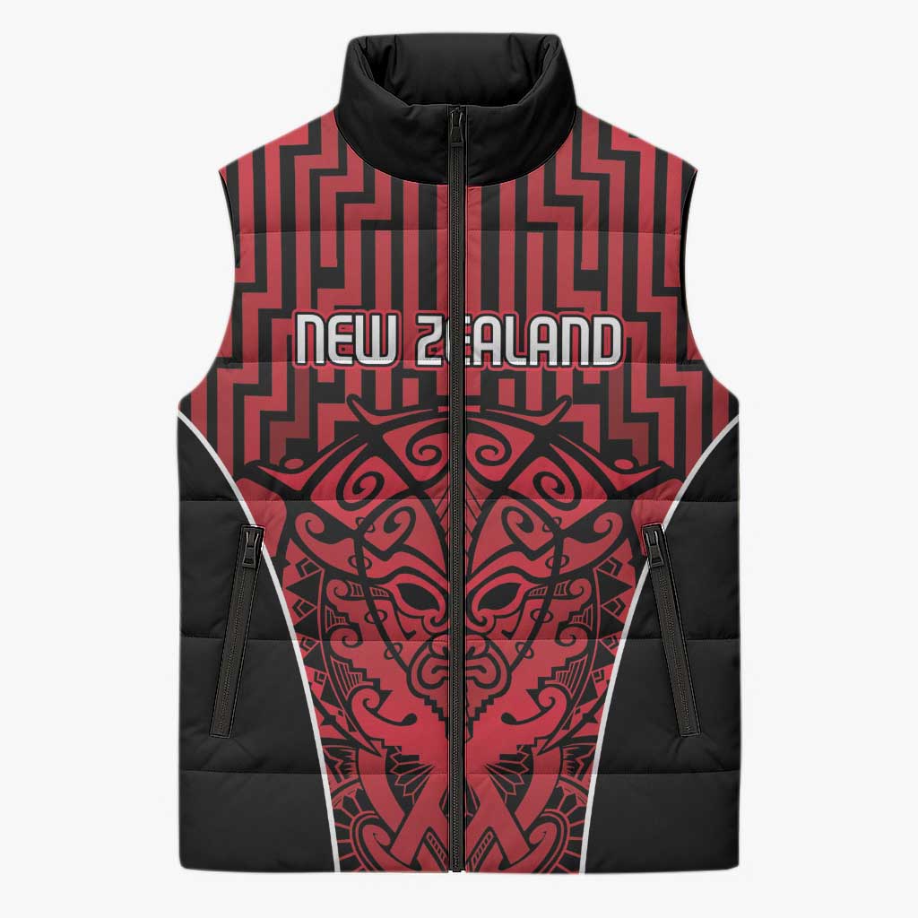Custom Basketball New Zealand Sleeveless Puffer Jacket Red Maori Ta Moko Indigenous - Aussie Hoodie