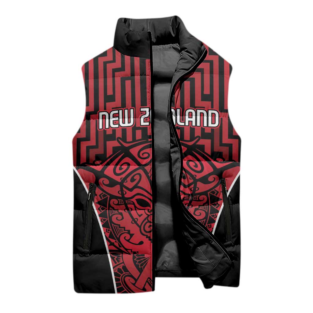 Custom Basketball New Zealand Sleeveless Puffer Jacket Red Maori Ta Moko Indigenous - Aussie Hoodie
