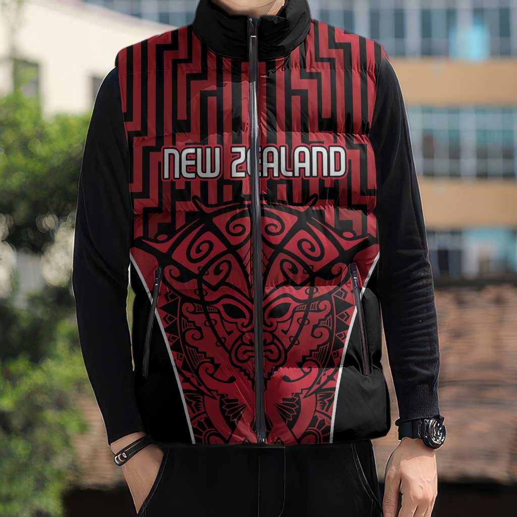 Custom Basketball New Zealand Sleeveless Puffer Jacket Red Maori Ta Moko Indigenous - Aussie Hoodie