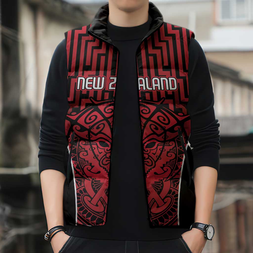 Custom Basketball New Zealand Sleeveless Puffer Jacket Red Maori Ta Moko Indigenous - Aussie Hoodie