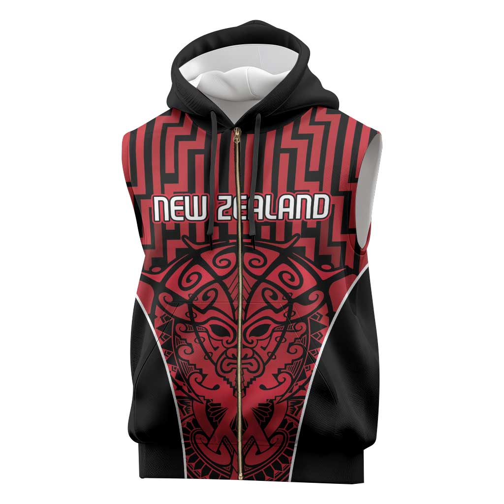 Custom Basketball New Zealand Sleeveless Zip Hoodie Red Maori Ta Moko Indigenous - Aussie Hoodie