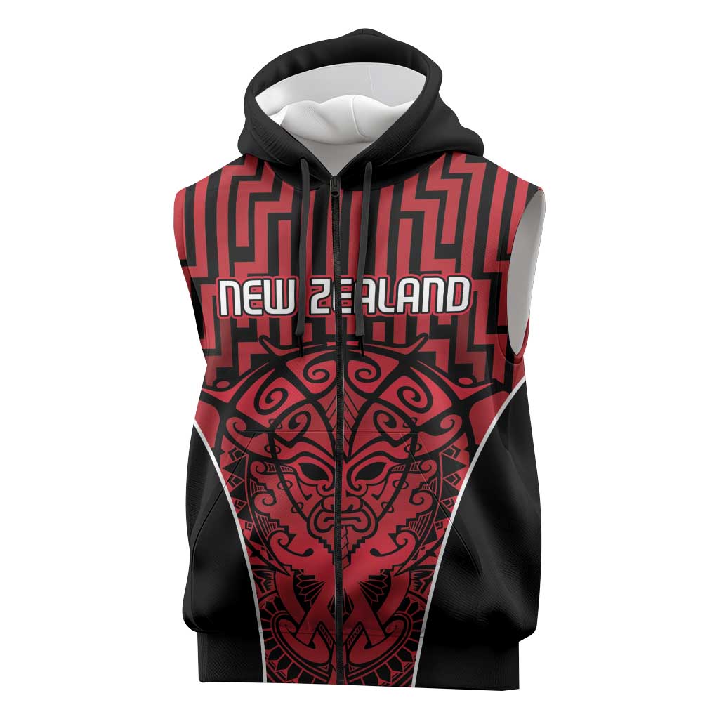 Custom Basketball New Zealand Sleeveless Zip Hoodie Red Maori Ta Moko Indigenous LT9