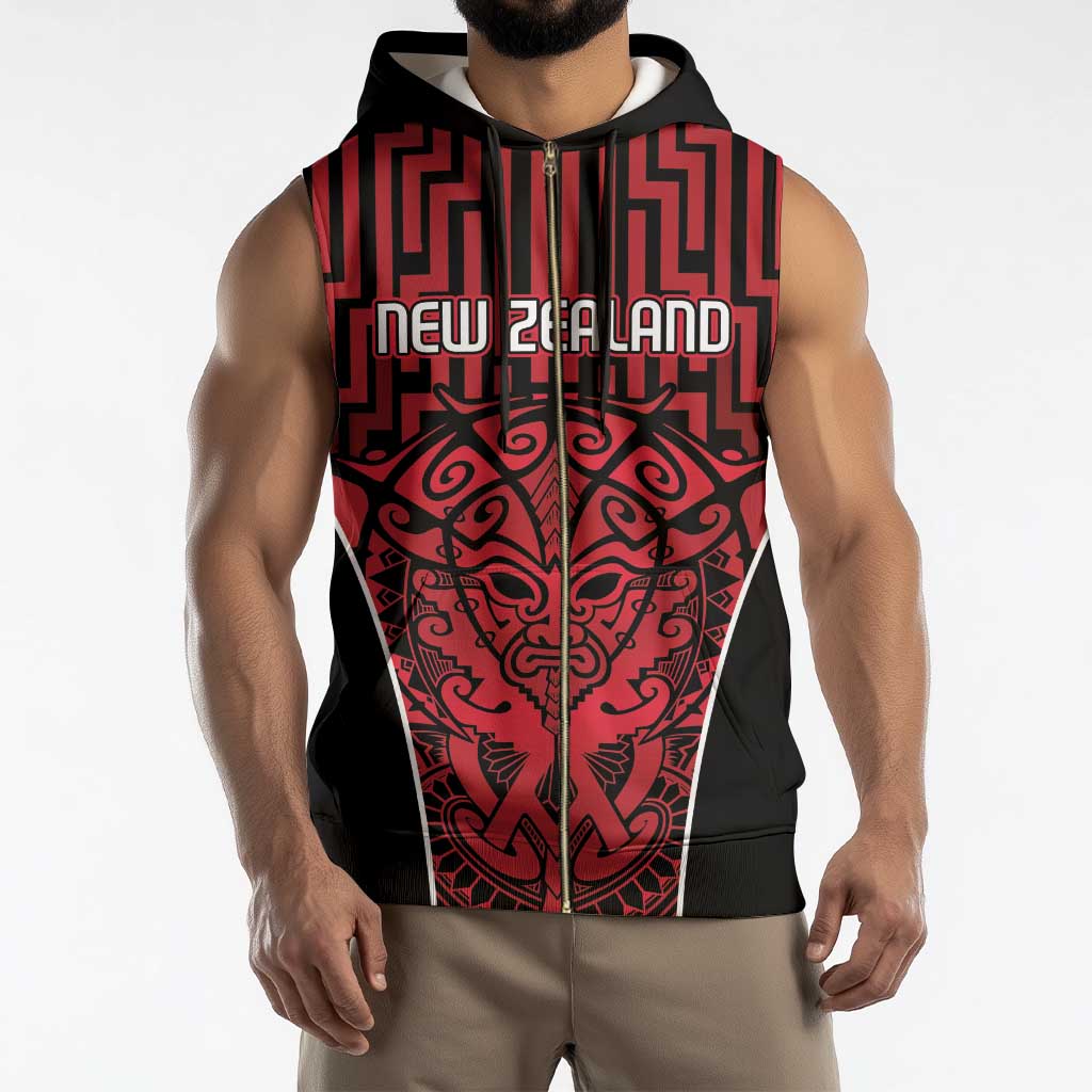 Custom Basketball New Zealand Sleeveless Zip Hoodie Red Maori Ta Moko Indigenous - Aussie Hoodie