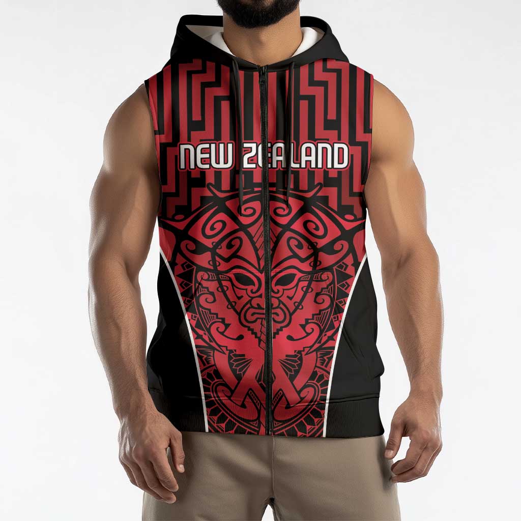 Custom Basketball New Zealand Sleeveless Zip Hoodie Red Maori Ta Moko Indigenous LT9