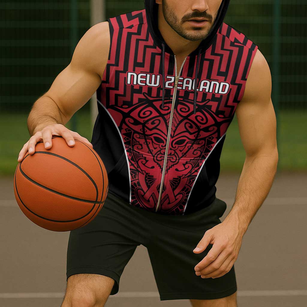Custom Basketball New Zealand Sleeveless Zip Hoodie Red Maori Ta Moko Indigenous - Aussie Hoodie