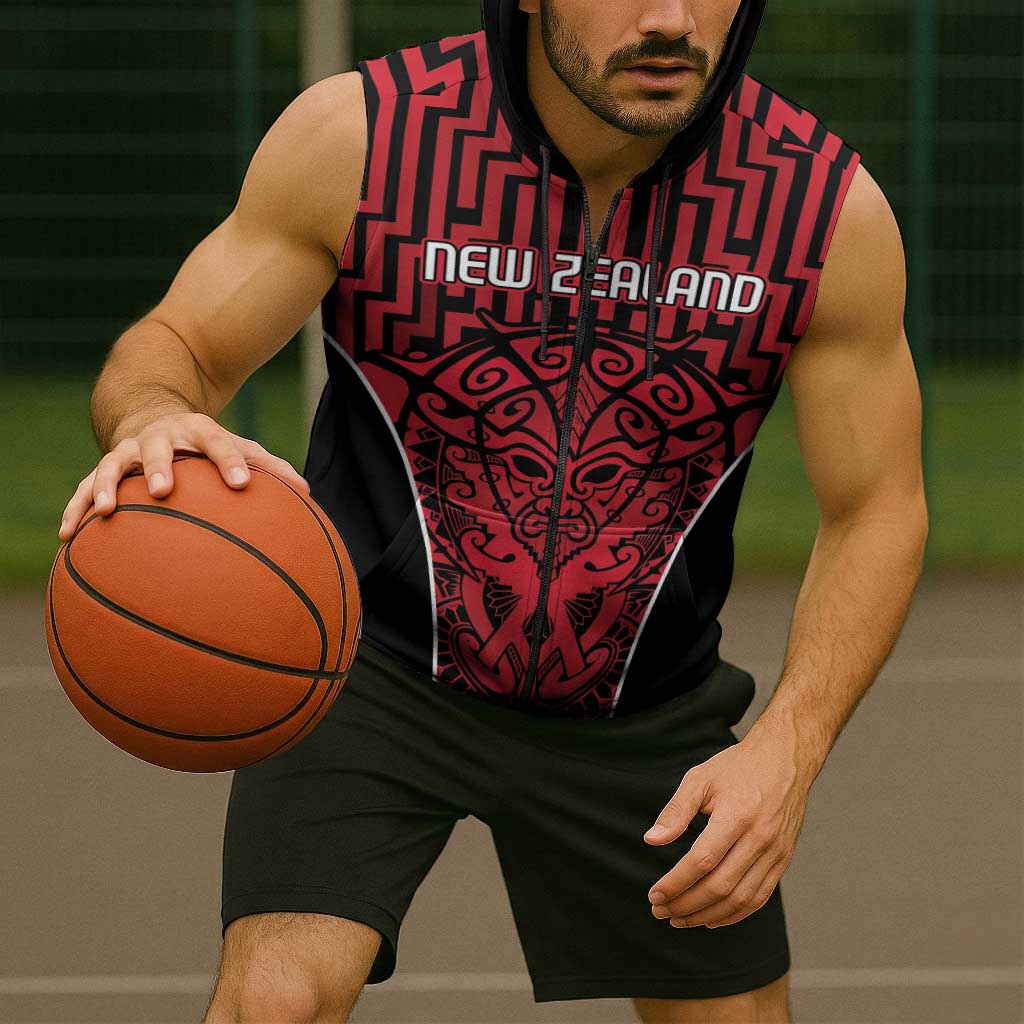Custom Basketball New Zealand Sleeveless Zip Hoodie Red Maori Ta Moko Indigenous LT9