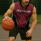 Custom Basketball New Zealand Sleeveless Zip Hoodie Red Maori Ta Moko Indigenous LT9