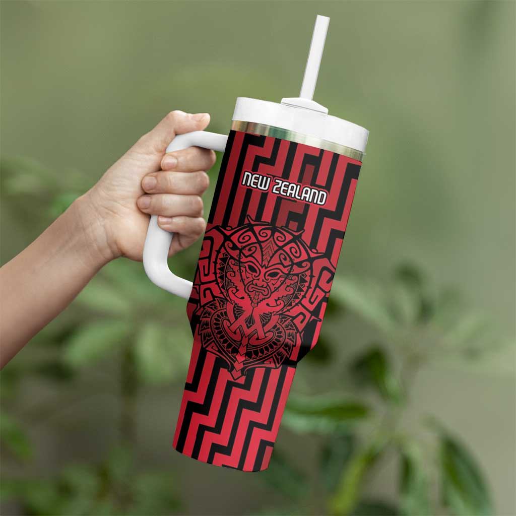 Custom Basketball New Zealand Tumbler With Handle Red Maori Ta Moko Indigenous - Aussie Hoodie