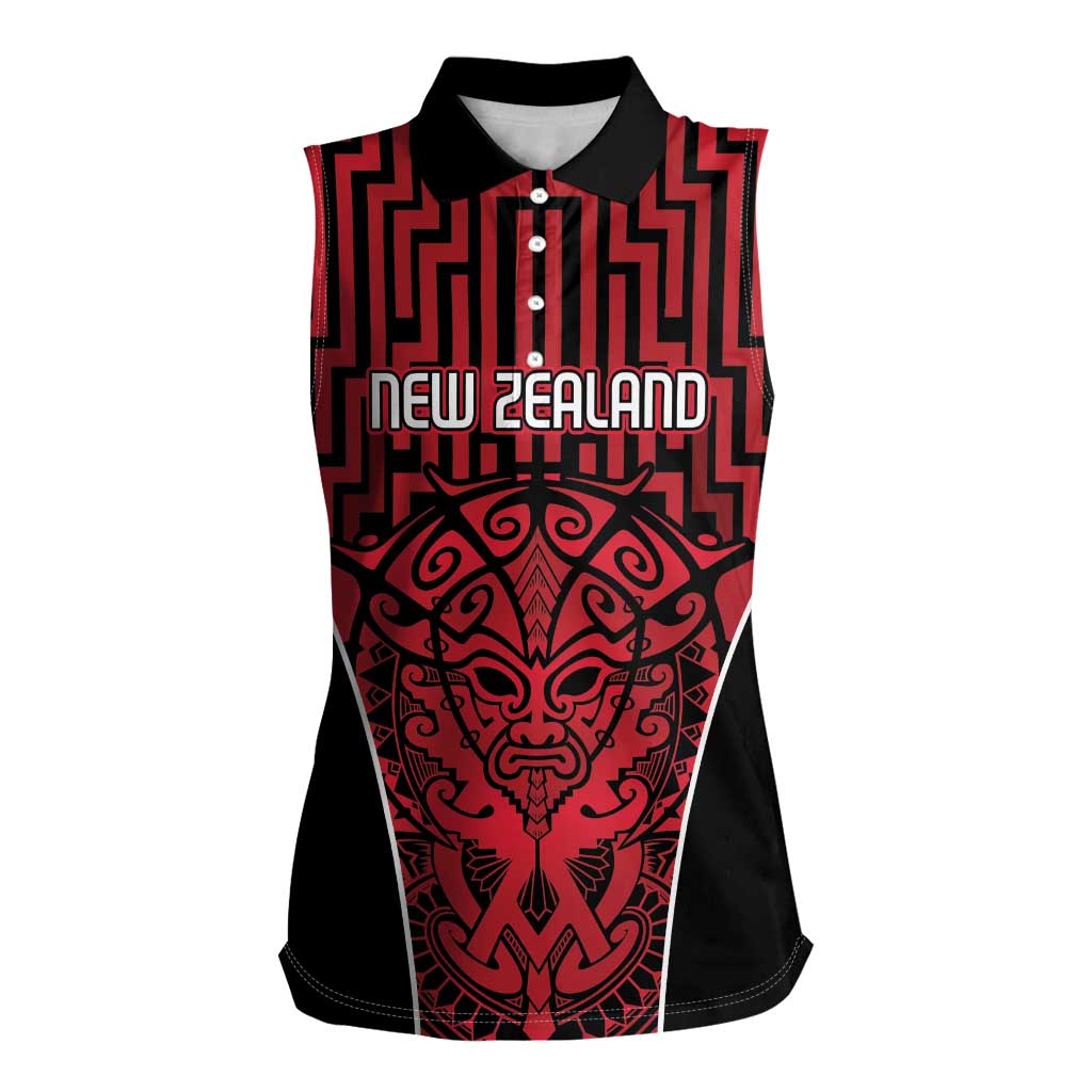 Custom Basketball New Zealand Women Sleeveless Polo Shirt Red Maori Ta Moko Indigenous - Aussie Hoodie