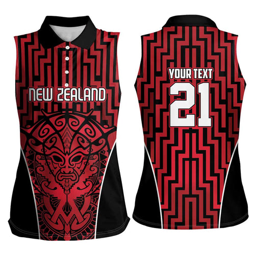 Custom Basketball New Zealand Women Sleeveless Polo Shirt Red Maori Ta Moko Indigenous - Aussie Hoodie