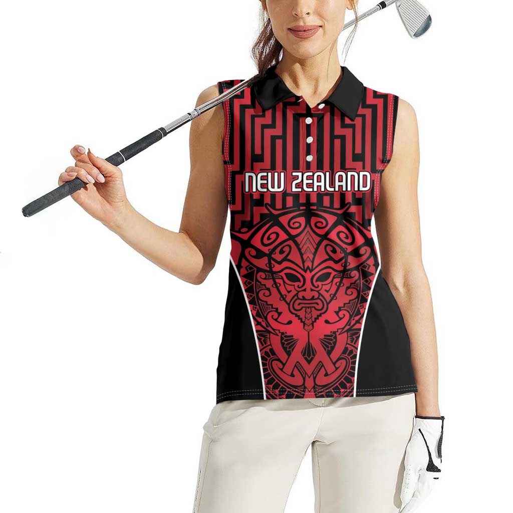 Custom Basketball New Zealand Women Sleeveless Polo Shirt Red Maori Ta Moko Indigenous - Aussie Hoodie