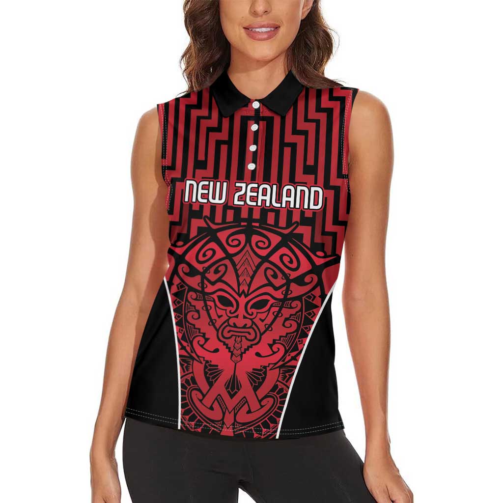 Custom Basketball New Zealand Women Sleeveless Polo Shirt Red Maori Ta Moko Indigenous - Aussie Hoodie