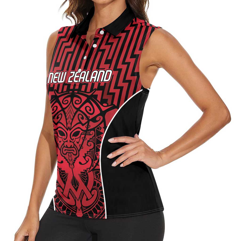 Custom Basketball New Zealand Women Sleeveless Polo Shirt Red Maori Ta Moko Indigenous - Aussie Hoodie