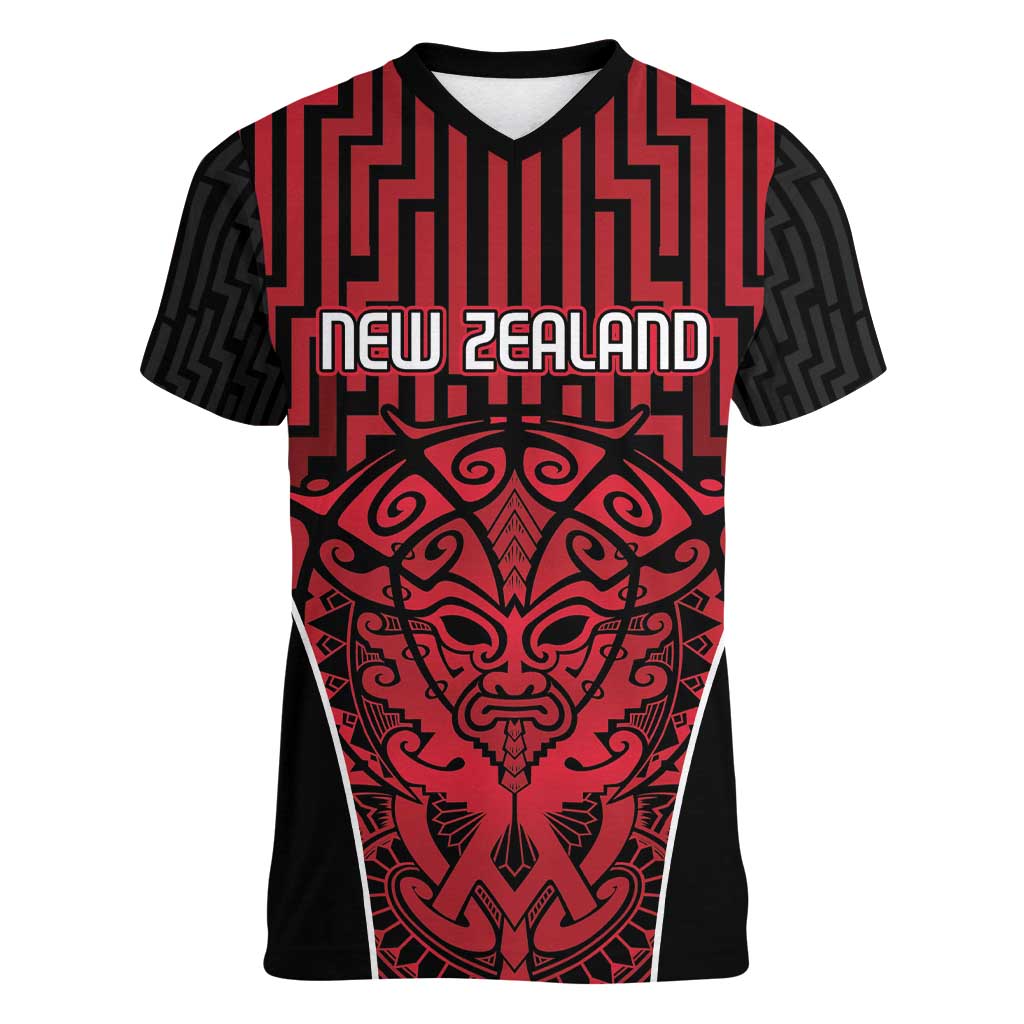 Custom Basketball New Zealand Women V-Neck T-Shirt Red Maori Ta Moko Indigenous - Aussie Hoodie
