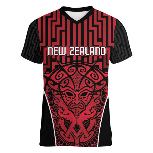 Custom Basketball New Zealand Women V-Neck T-Shirt Red Maori Ta Moko Indigenous - Aussie Hoodie