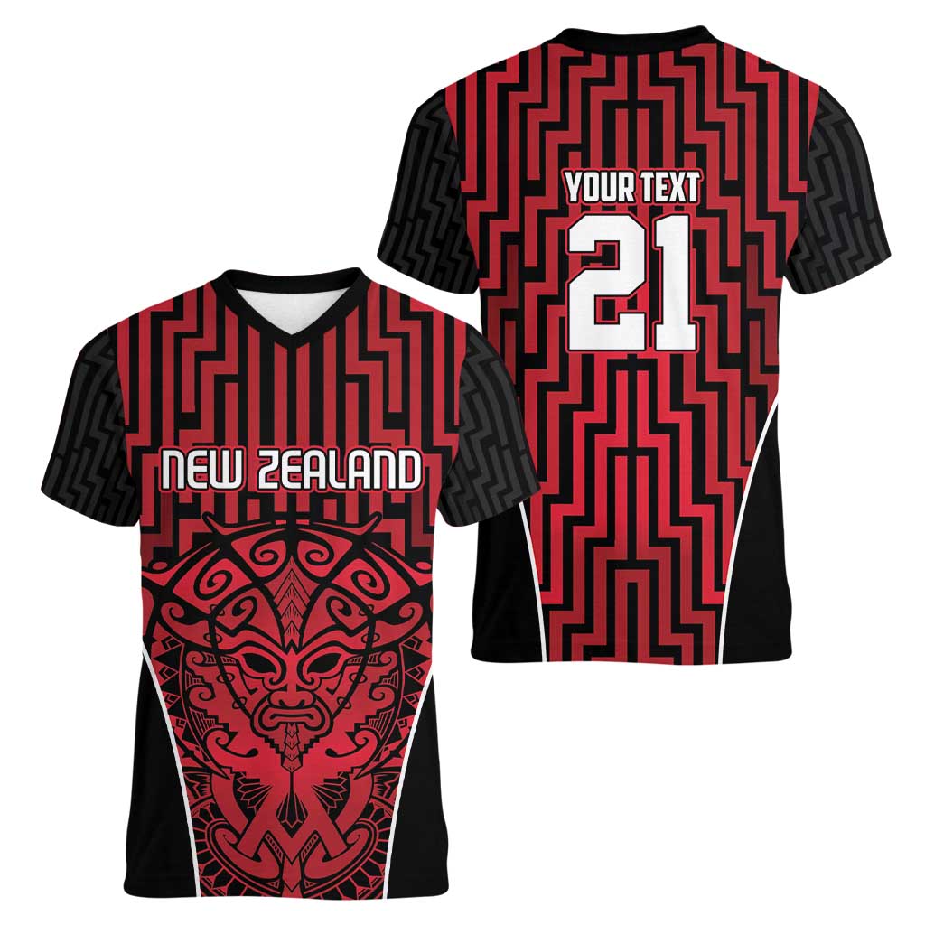 Custom Basketball New Zealand Women V-Neck T-Shirt Red Maori Ta Moko Indigenous - Aussie Hoodie
