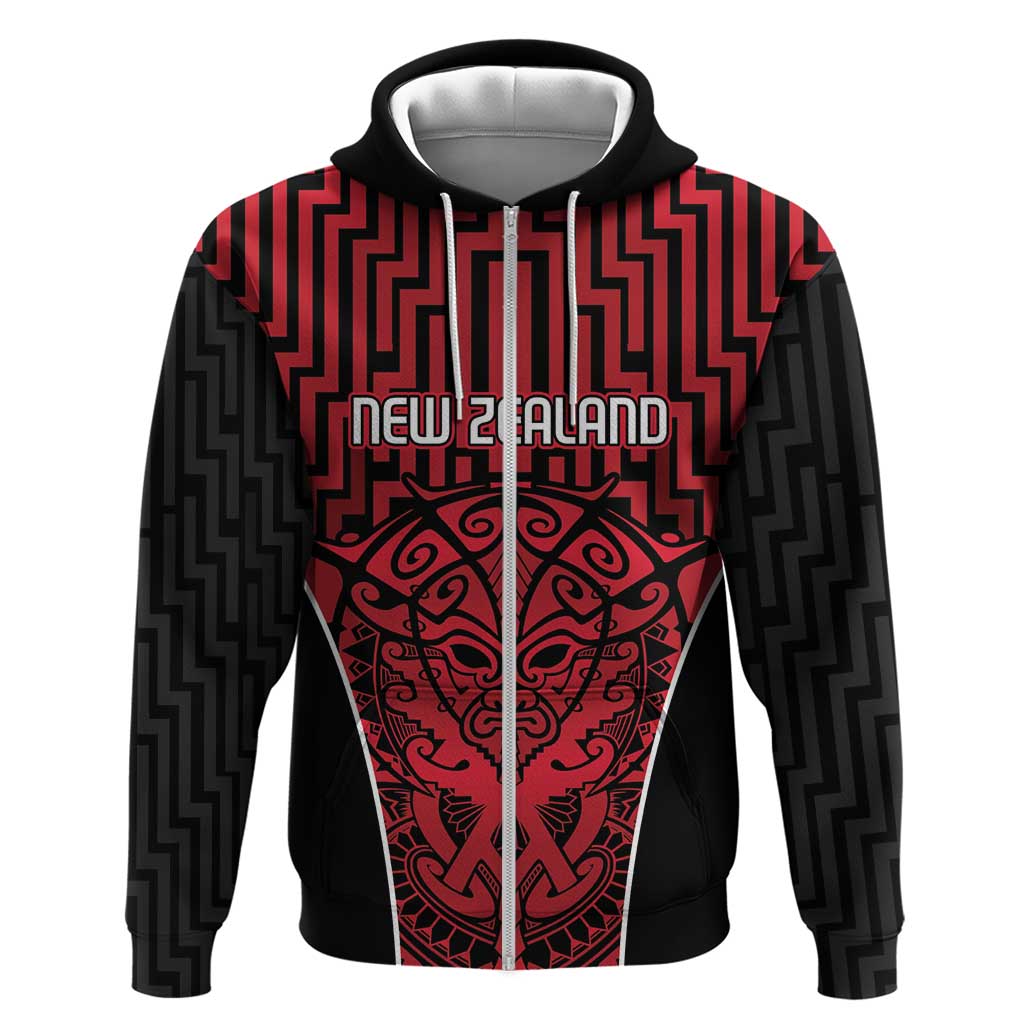 Custom Basketball New Zealand Zip Hoodie Red Maori Ta Moko Indigenous - Aussie Hoodie