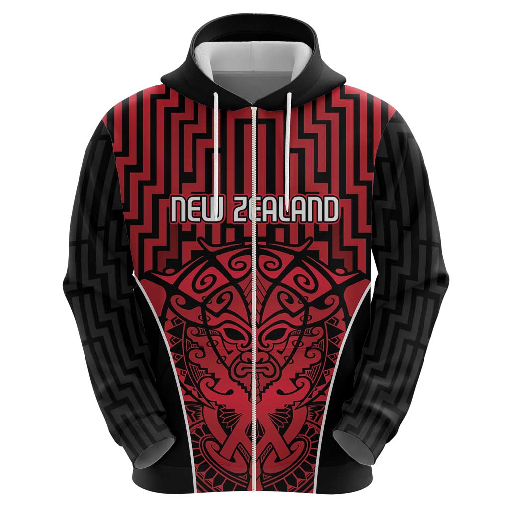 Custom Basketball New Zealand Zip Hoodie Red Maori Ta Moko Indigenous - Aussie Hoodie