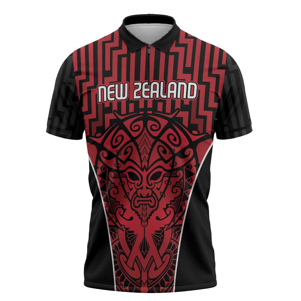 Custom Basketball New Zealand Zipper Polo Shirt Red Maori Ta Moko Indigenous - Aussie Hoodie