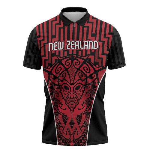 Custom Basketball New Zealand Zipper Polo Shirt Red Maori Ta Moko Indigenous - Aussie Hoodie