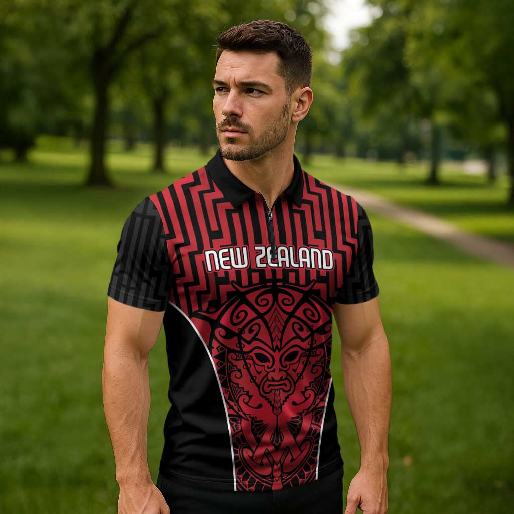 Custom Basketball New Zealand Zipper Polo Shirt Red Maori Ta Moko Indigenous - Aussie Hoodie