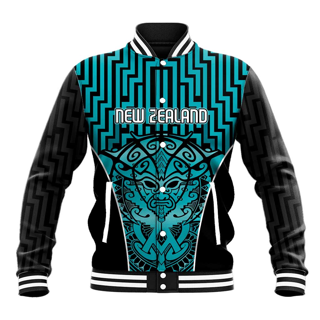 Custom Basketball New Zealand Baseball Jacket Teal Maori Ta Moko Indigenous - Aussie Hoodie