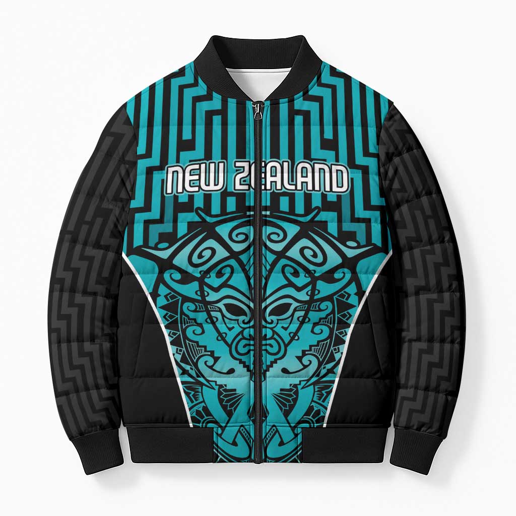 Custom Basketball New Zealand Bomber Puffer Jacket Teal Maori Ta Moko Indigenous - Aussie Hoodie