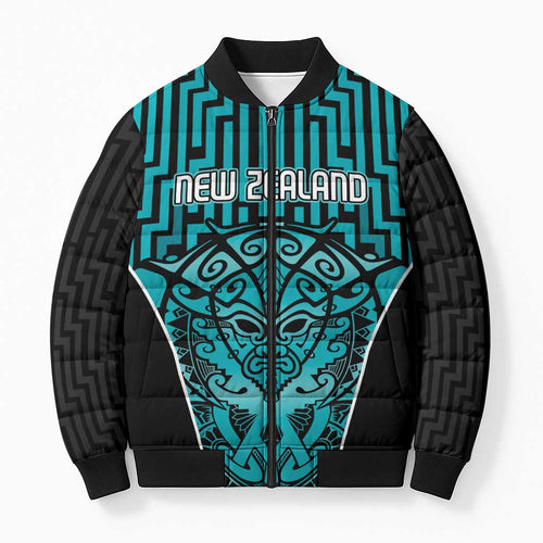 Custom Basketball New Zealand Bomber Puffer Jacket Teal Maori Ta Moko Indigenous - Aussie Hoodie