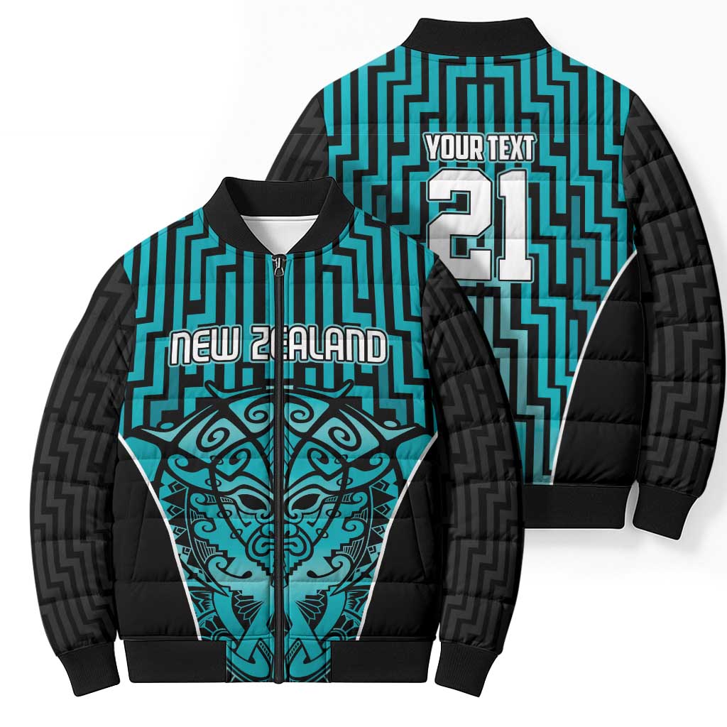 Custom Basketball New Zealand Bomber Puffer Jacket Teal Maori Ta Moko Indigenous - Aussie Hoodie