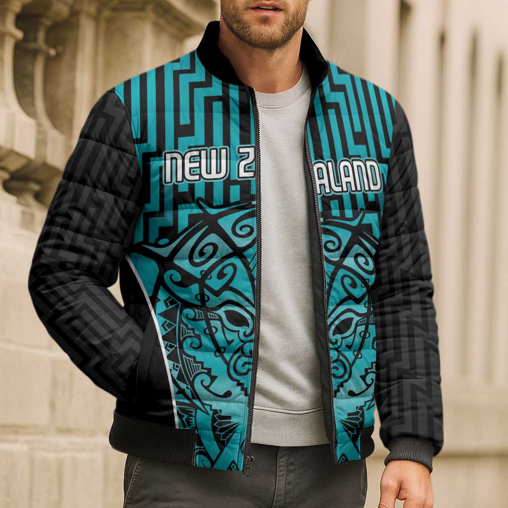 Custom Basketball New Zealand Bomber Puffer Jacket Teal Maori Ta Moko Indigenous - Aussie Hoodie