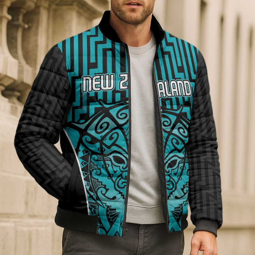 Custom Basketball New Zealand Bomber Puffer Jacket Teal Maori Ta Moko Indigenous - Aussie Hoodie