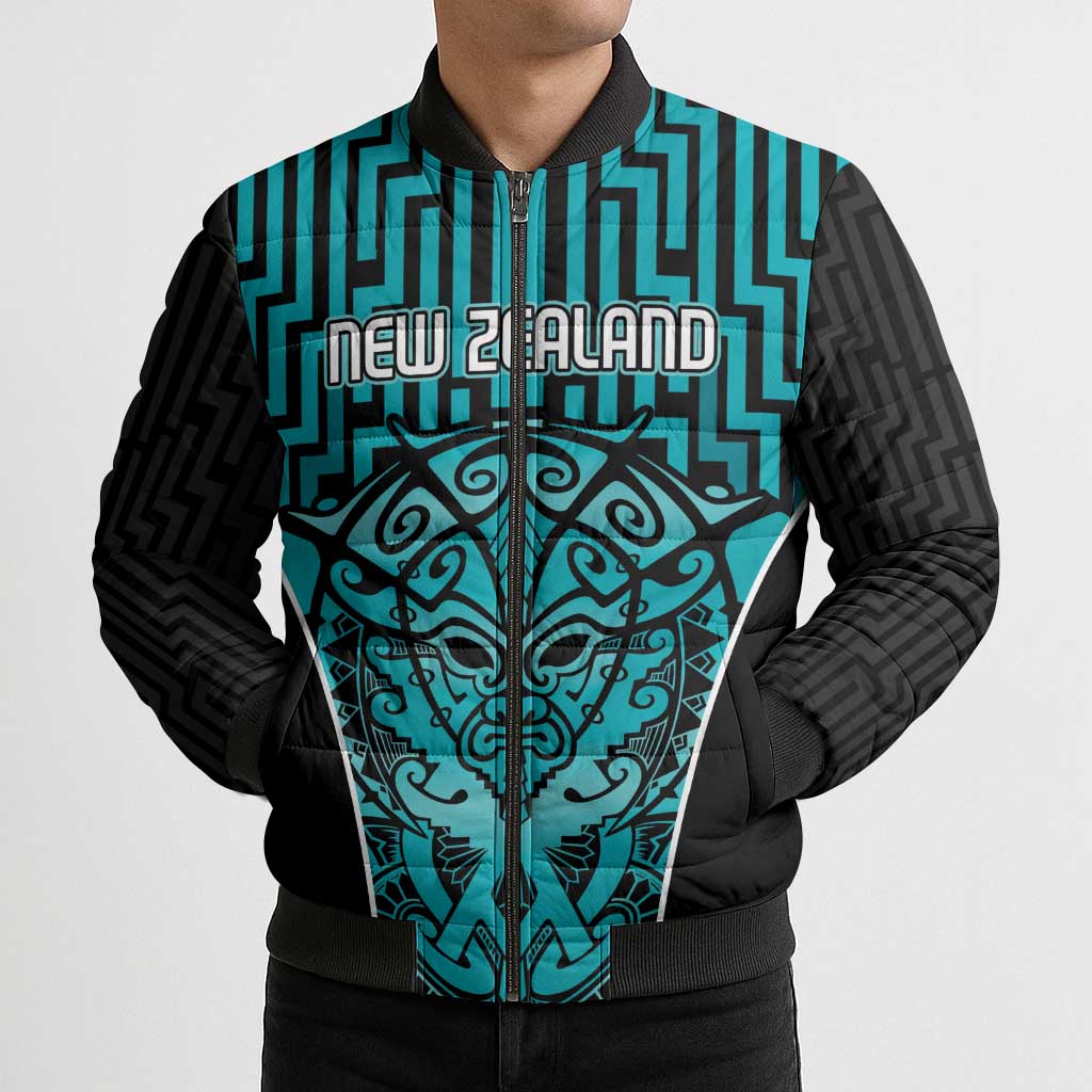 Custom Basketball New Zealand Bomber Puffer Jacket Teal Maori Ta Moko Indigenous - Aussie Hoodie