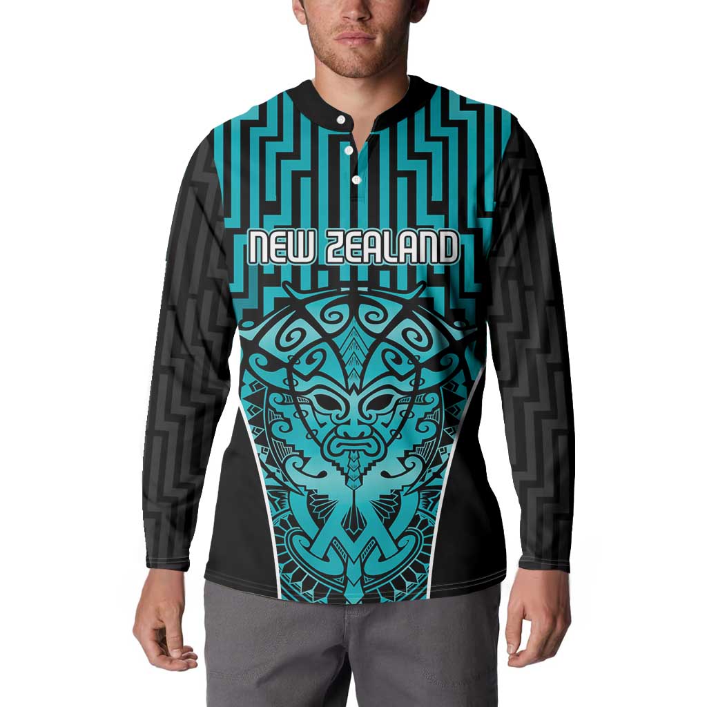 Custom Basketball New Zealand Button Sweatshirt Teal Maori Ta Moko Indigenous - Aussie Hoodie