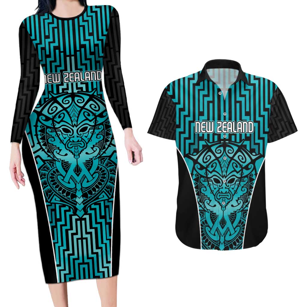 Custom Basketball New Zealand Couples Matching Long Sleeve Bodycon Dress and Hawaiian Shirt Teal Maori Ta Moko Indigenous - Aussie Hoodie