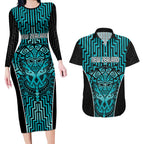 Custom Basketball New Zealand Couples Matching Long Sleeve Bodycon Dress and Hawaiian Shirt Teal Maori Ta Moko Indigenous - Aussie Hoodie