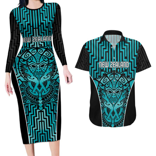 Custom Basketball New Zealand Couples Matching Long Sleeve Bodycon Dress and Hawaiian Shirt Teal Maori Ta Moko Indigenous - Aussie Hoodie