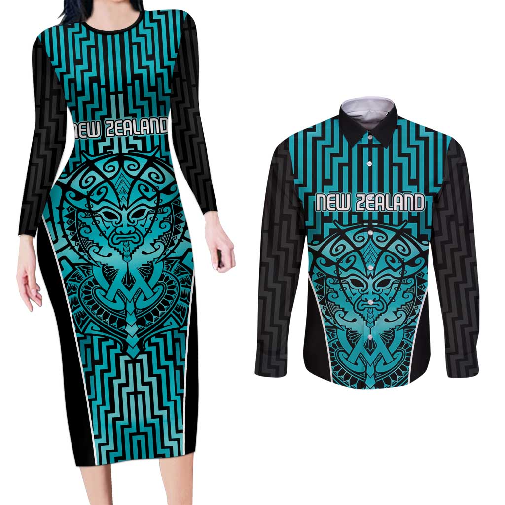 Custom Basketball New Zealand Couples Matching Long Sleeve Bodycon Dress and Long Sleeve Button Shirt Teal Maori Ta Moko Indigenous - Aussie Hoodie