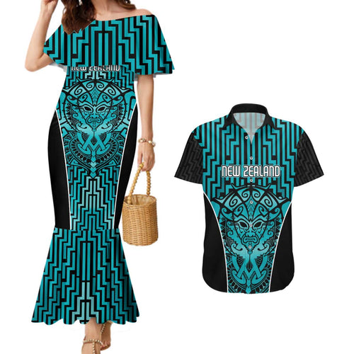 Custom Basketball New Zealand Couples Matching Mermaid Dress and Hawaiian Shirt Teal Maori Ta Moko Indigenous - Aussie Hoodie