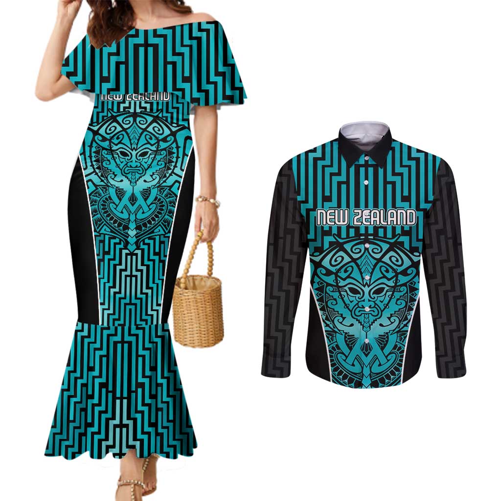 Custom Basketball New Zealand Couples Matching Mermaid Dress and Long Sleeve Button Shirt Teal Maori Ta Moko Indigenous - Aussie Hoodie