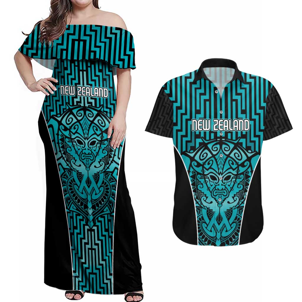 Custom Basketball New Zealand Couples Matching Off Shoulder Maxi Dress and Hawaiian Shirt Teal Maori Ta Moko Indigenous - Aussie Hoodie