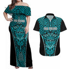 Custom Basketball New Zealand Couples Matching Off Shoulder Maxi Dress and Hawaiian Shirt Teal Maori Ta Moko Indigenous - Aussie Hoodie