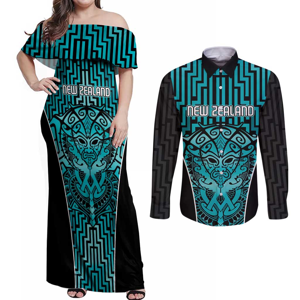 Custom Basketball New Zealand Couples Matching Off Shoulder Maxi Dress and Long Sleeve Button Shirt Teal Maori Ta Moko Indigenous - Aussie Hoodie