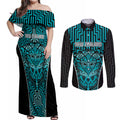 Custom Basketball New Zealand Couples Matching Off Shoulder Maxi Dress and Long Sleeve Button Shirt Teal Maori Ta Moko Indigenous - Aussie Hoodie