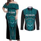 Custom Basketball New Zealand Couples Matching Off Shoulder Maxi Dress and Long Sleeve Button Shirt Teal Maori Ta Moko Indigenous - Aussie Hoodie