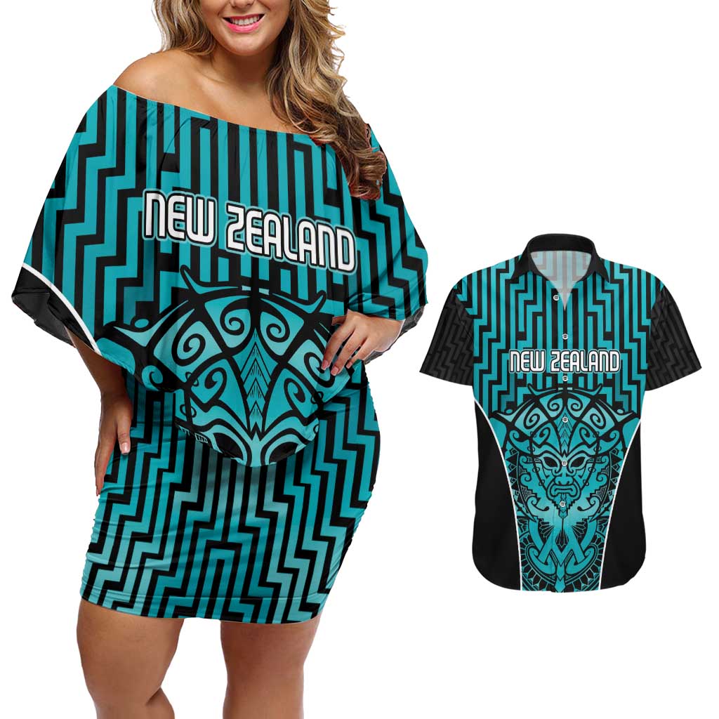 Custom Basketball New Zealand Couples Matching Off Shoulder Short Dress and Hawaiian Shirt Teal Maori Ta Moko Indigenous - Aussie Hoodie