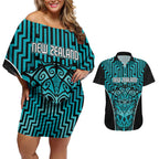 Custom Basketball New Zealand Couples Matching Off Shoulder Short Dress and Hawaiian Shirt Teal Maori Ta Moko Indigenous - Aussie Hoodie