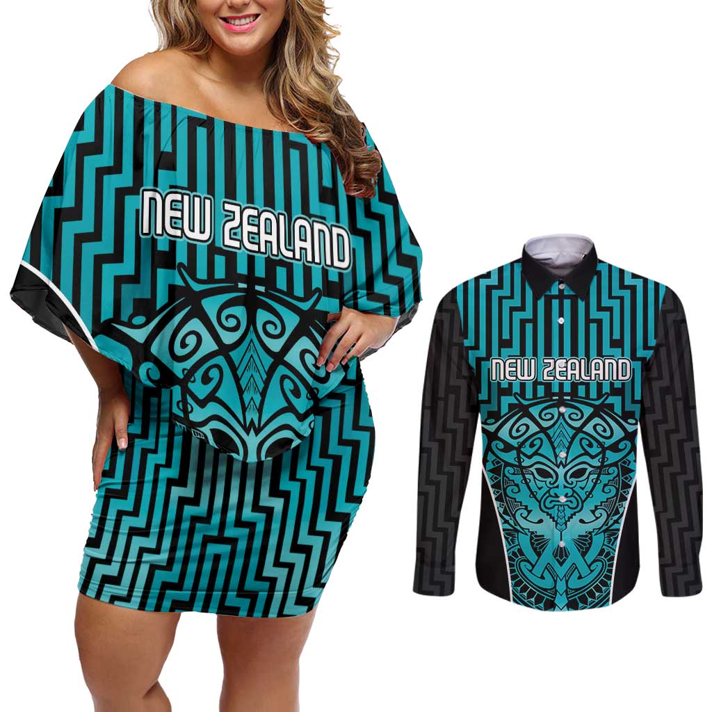 Custom Basketball New Zealand Couples Matching Off Shoulder Short Dress and Long Sleeve Button Shirt Teal Maori Ta Moko Indigenous - Aussie Hoodie